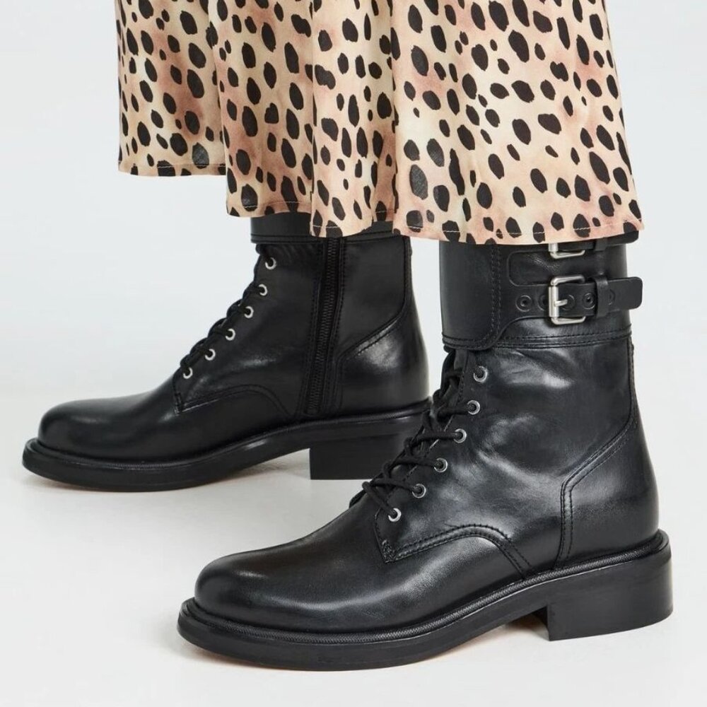 Rag & Bone RB Moto Lace Up BOOTS Size 36 6 Black Leather Buckle Cuff NEW $675